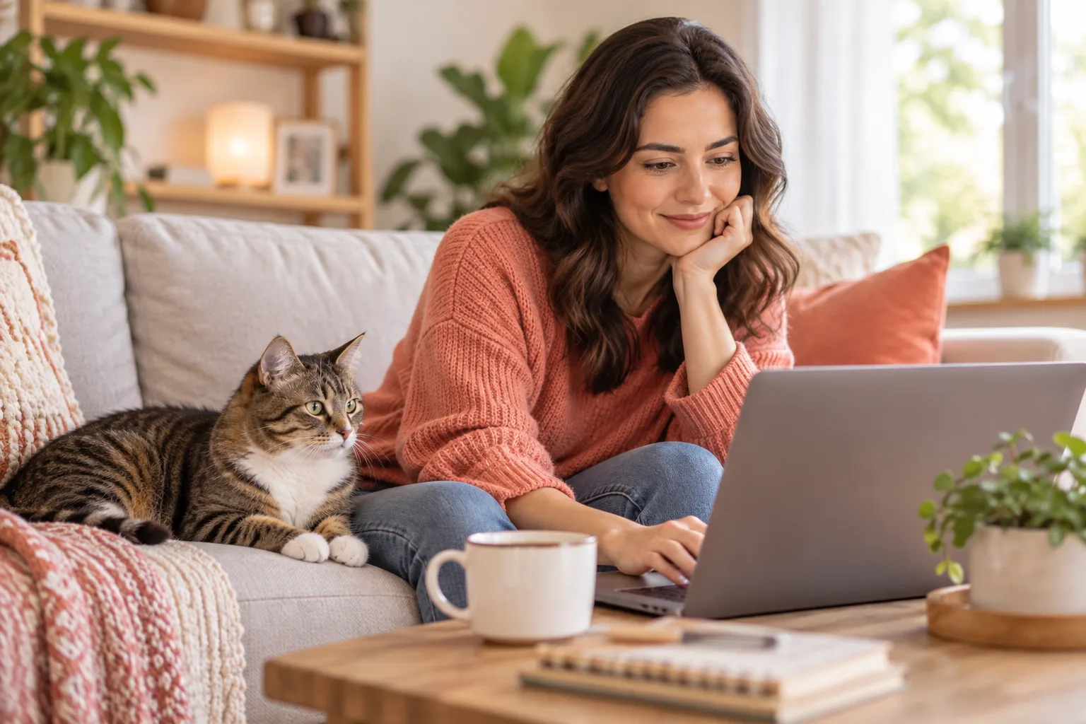 Owner using a laptop with a cat nearby