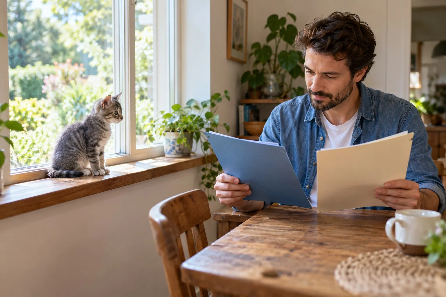 Owner comparing two folders with a cat nearby
